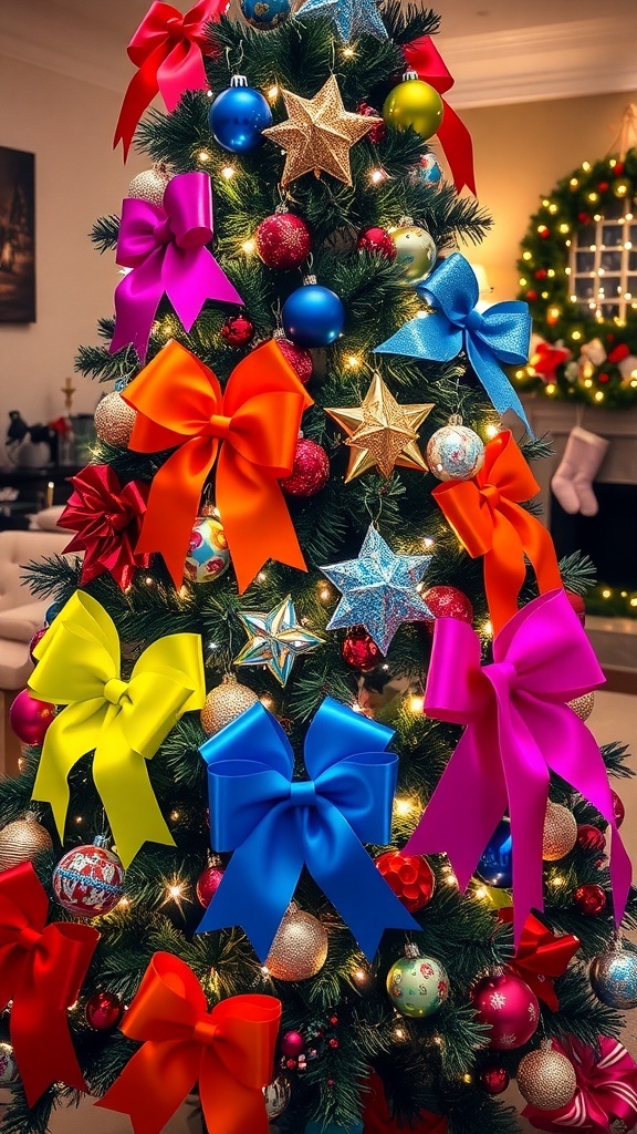 A festive Christmas tree with colorful bows and ornaments, illuminated by lights in a cozy living room.